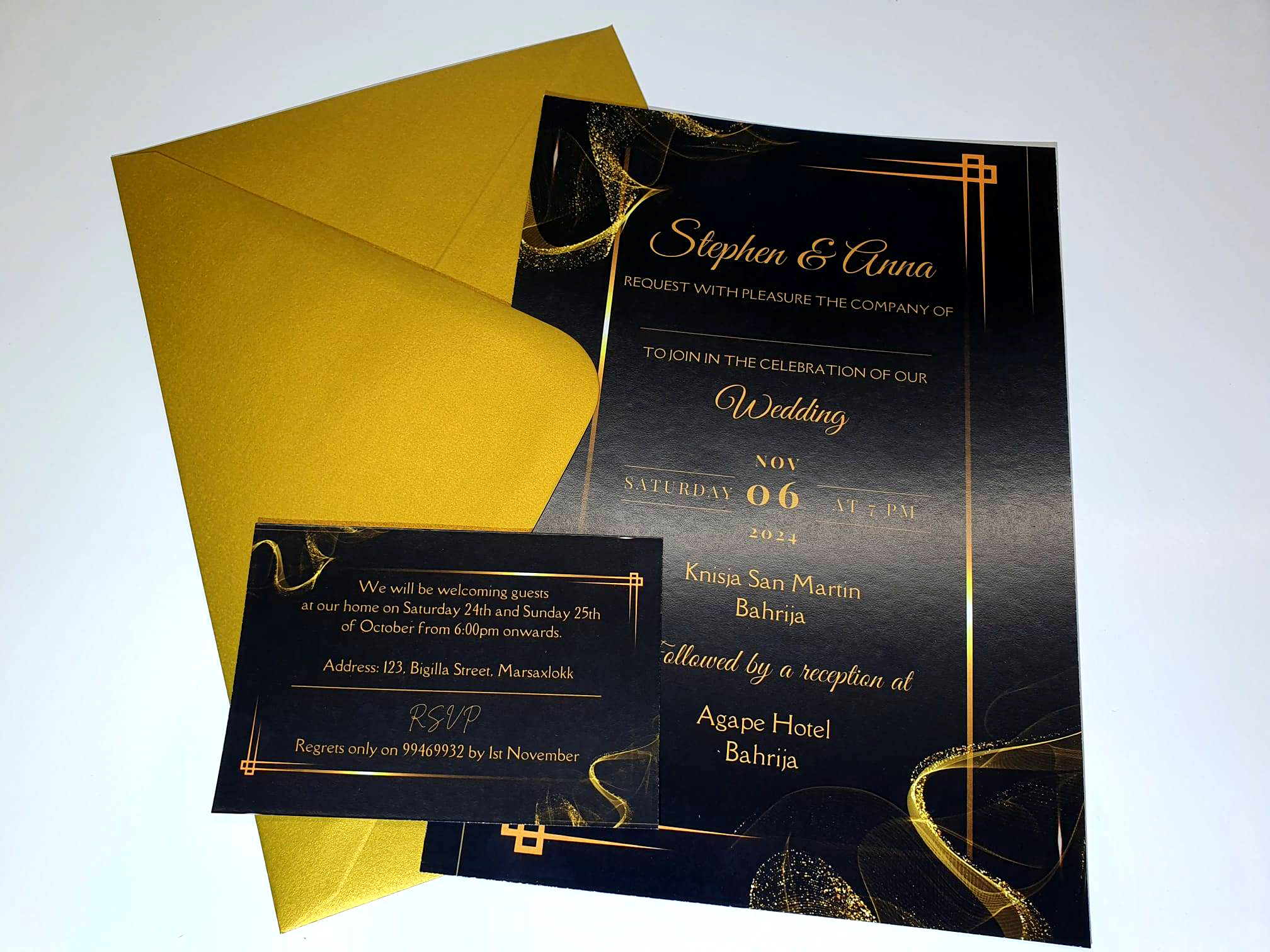 Wedding Invitation Gold and Black set 1